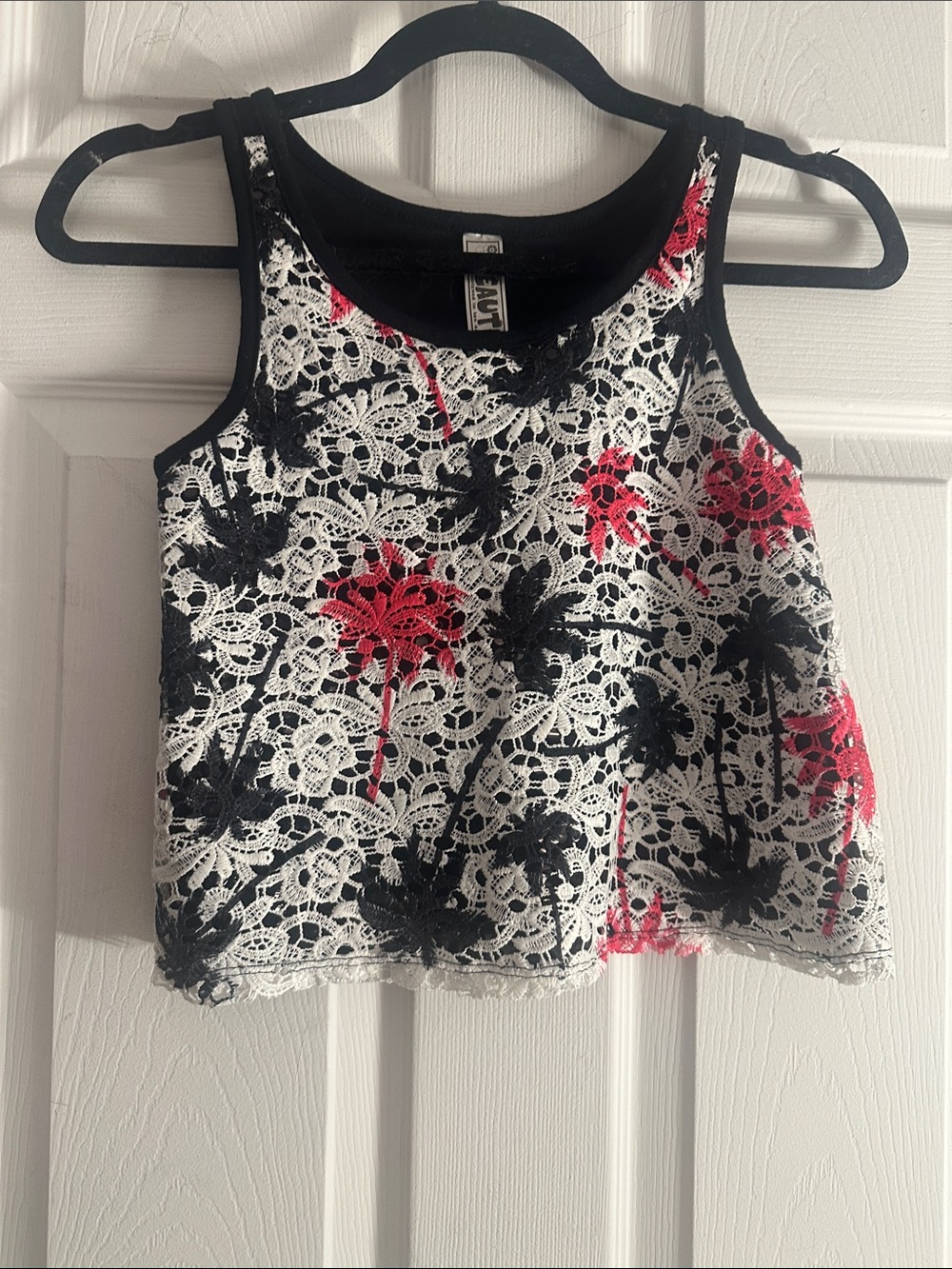 Pink, Black & White Children’s Cotton Palm Tree Lace Tee with Black Sequins